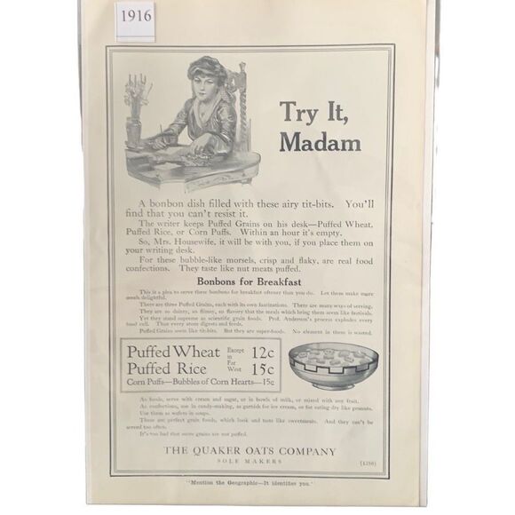 Vintage 1916 Quaker Oats Company Try It Madam Puffed Wheat Rice Ad Advertisement - Picture 1 of 4